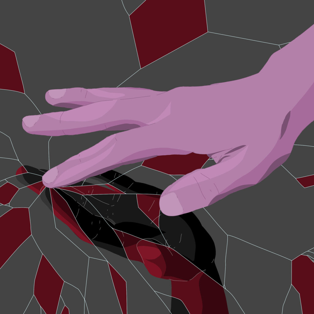 A hand and a broken reflection.